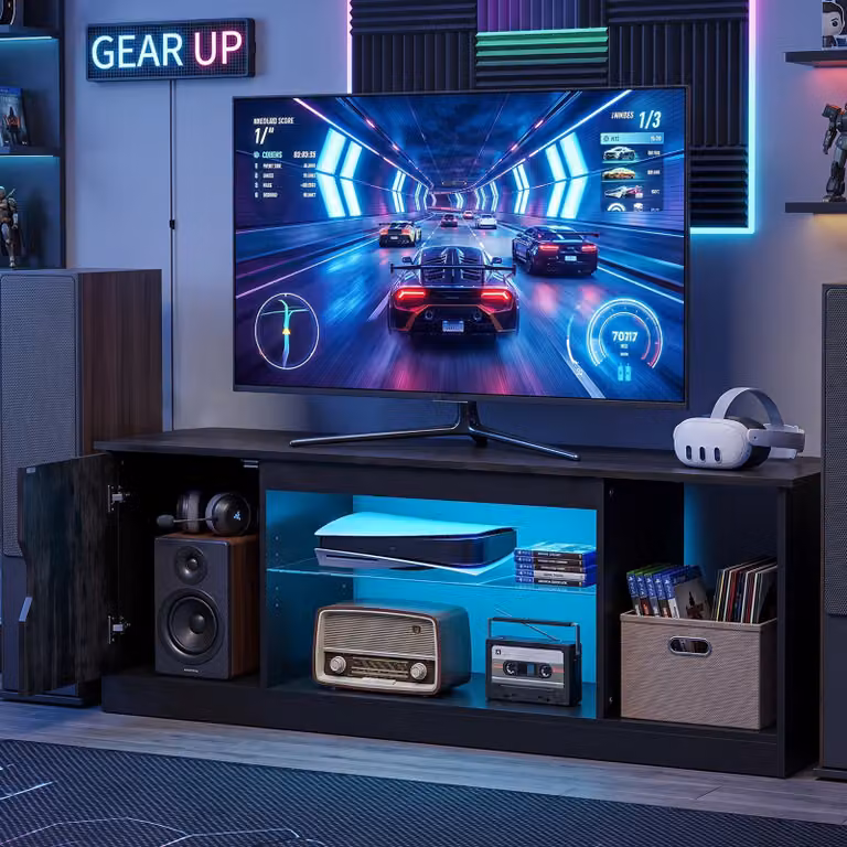 Mobile porta TV moderno Costway con luci LED e ripiano in vetro temperato, Nero