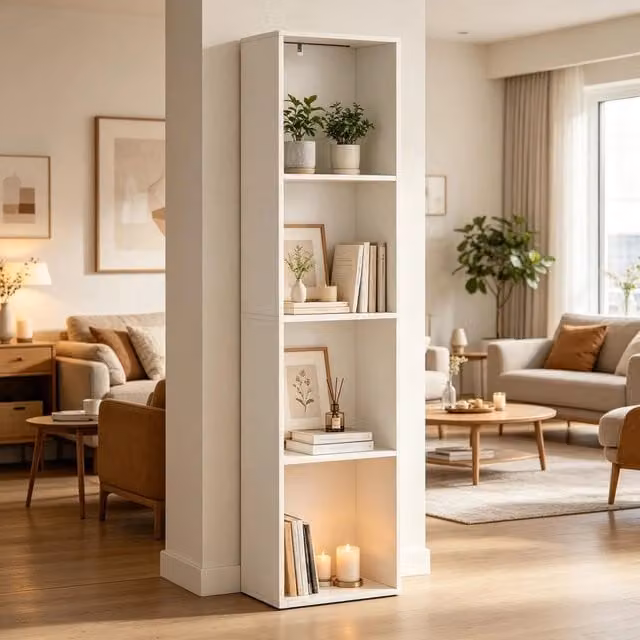 Libreria OKWISH moderna con illuminazione LED integrata e 4 vani, colore bianco, L/P/H: 40 x 29 x 170 cm