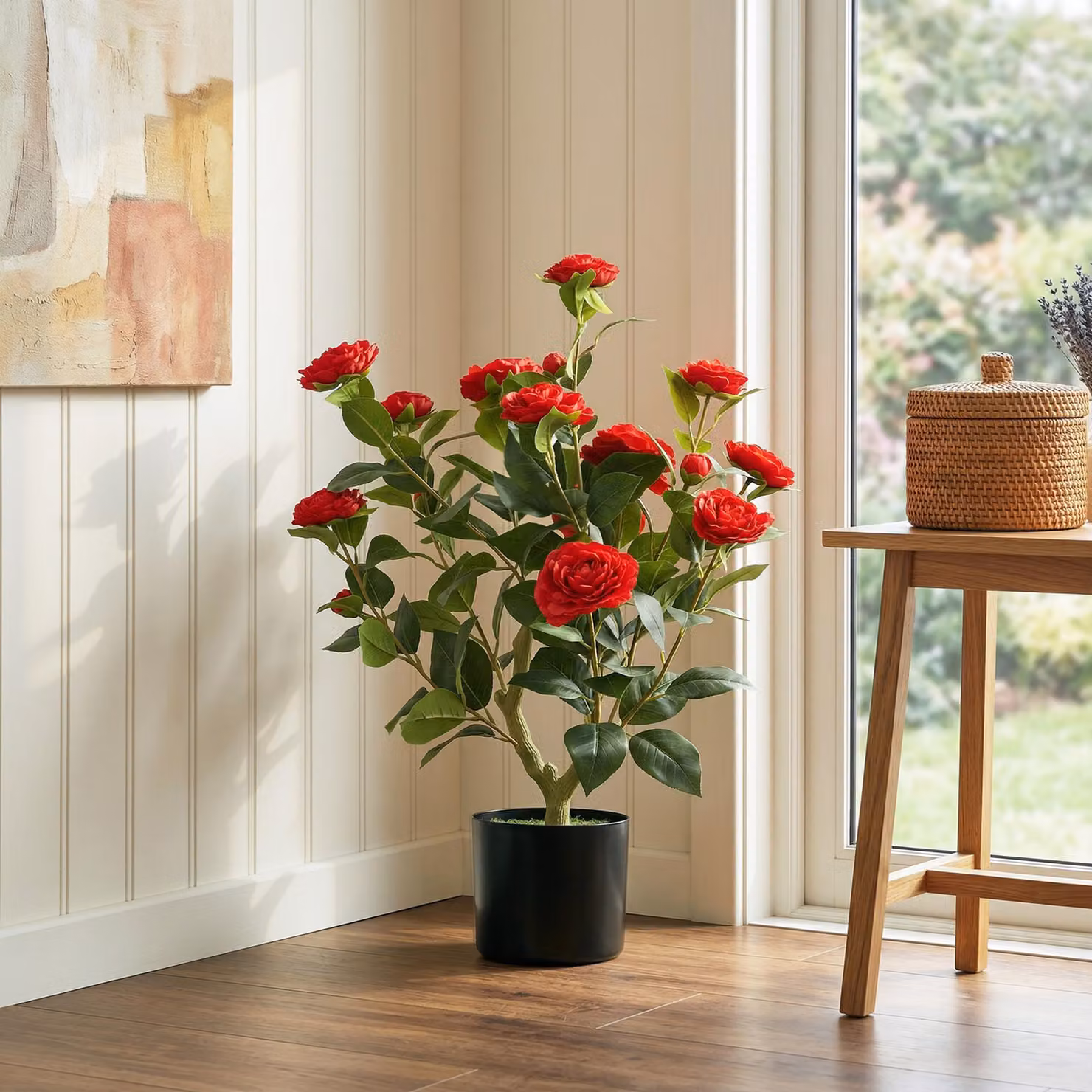 Pianta Artificiale Camelia HOMCOM con Fiori in Seta e Vaso, Colore Rosso, Altezza: 65 cm – 2