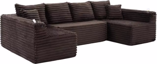 Divano panoramico a U modulare Chicfurn marrone con portabicchieri e cuscini in tessuto a coste L: 320 cm, P: 155 cm, H: 88 cm