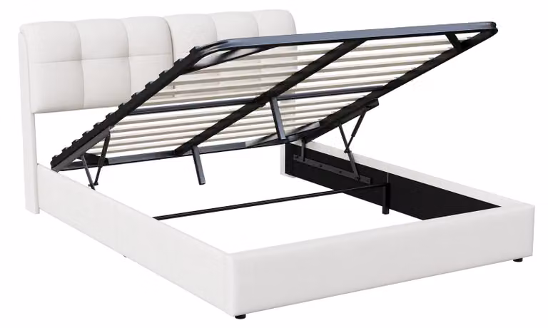 Letto imbottito - Letto matrimoniale - 140 x 200 cm - Con spazio contenitore e meccanismo di sollevamento idraulico - Contenitore sotto il letto - Retino - Struttura in metallo - Bianco panna