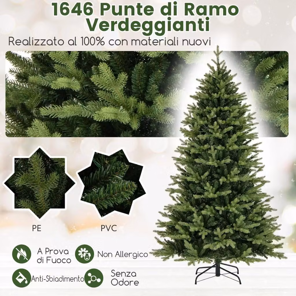 Albero di Natale Pre-illuminato Costway Verde con 470 Luci LED Multicolore e Bianco Caldo, 11 Modalità di Illuminazione e 1646 Rami, Altezza: 210 cm – 2