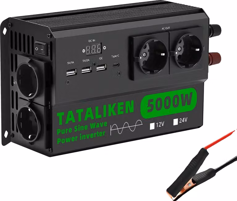 Inverter, 4 prese di corrente europee, ventola termostatica automatica, 5000W, colore nero
