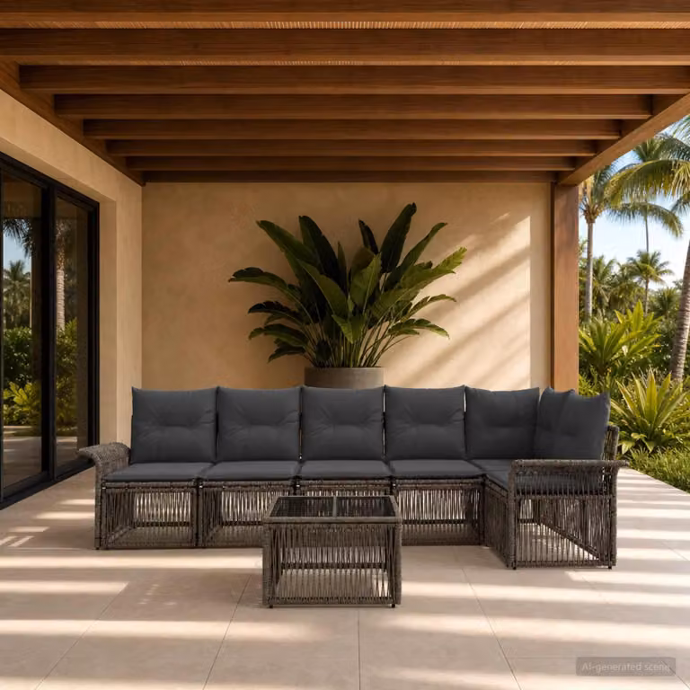 Maison Exclusive - Set da giardino composto da 7 pezzi, divano, colore grigio, realizzato in rattan sintetico