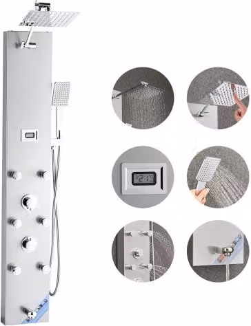 Colonna Doccia VEVOR con Sistema a Torre in Acciaio Inox Spazzolato Silver, Soffione a Pioggia LED, Rubinetto a 4 Funzioni, 6 Getti Corporei, Doccetta e Beccuccio per Vasca, H: 124 cm, L: 20 cm, P: 43 cm