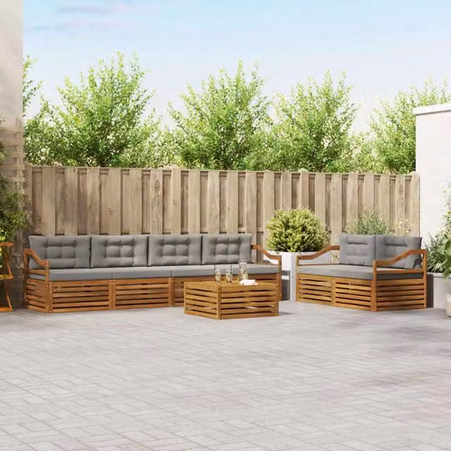 Set di divani da esterno 7 pezzi vidaXL in legno di acacia con cuscini beige e grigi e tavolino da giardino