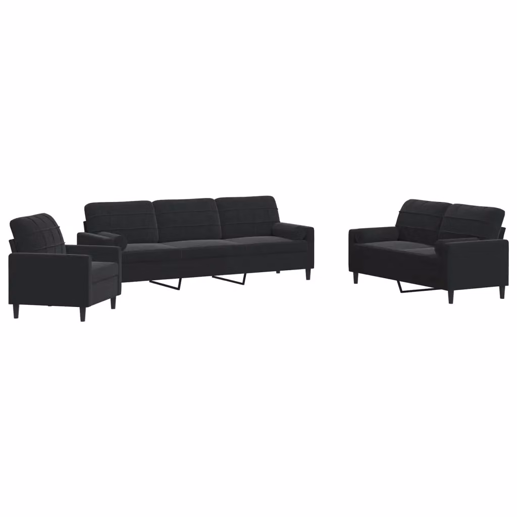 Set di divani 3 pezzi vidaXL in velluto nero con cuscini e struttura in metallo per soggiorno – 2