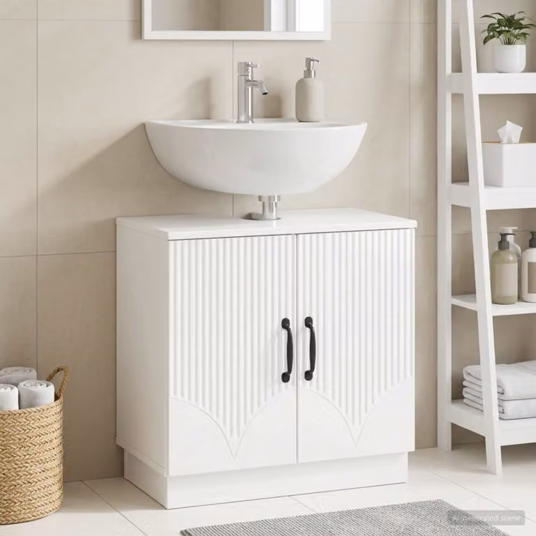 Armadio per lavabo da bagno vidaXL HOORN bianco lucido con ante a battente e design moderno