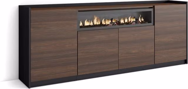 Credenza, Mobile, Cucina, 207x80x37 cm, 4 Porte, Camino elettrico, Rovere scuro e Nero