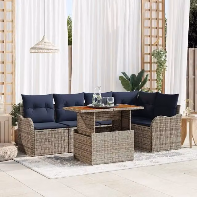Set Divano da Giardino 6 pz 5-Numero di posti Grigio e Blu Navy 3349464