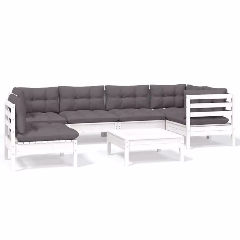 Set Divani da Giardino 7 pz con Cuscini Bianchi Legno di Pino