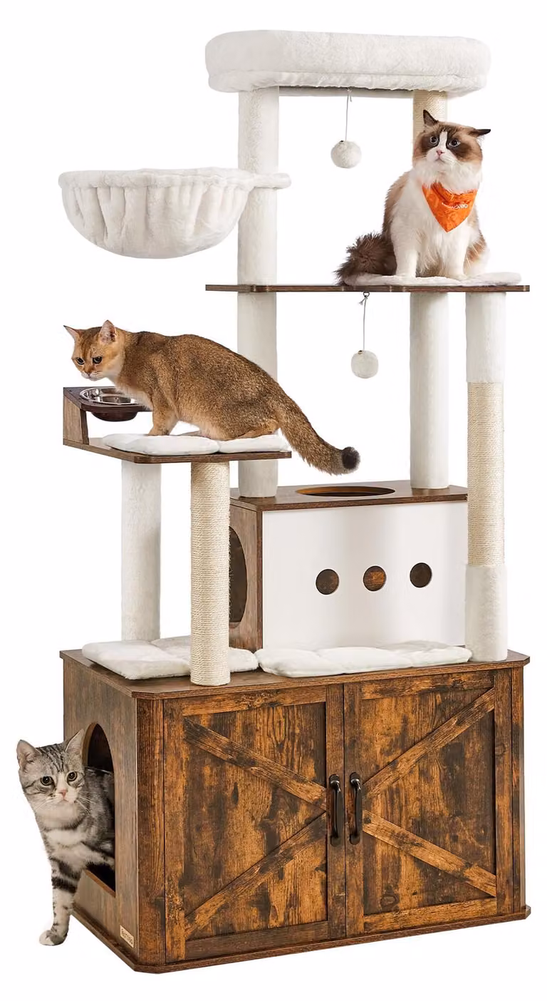 Albero per gatti Feandrea, altezza 170 cm, ampia cuccia, mobiletto per la lettiera