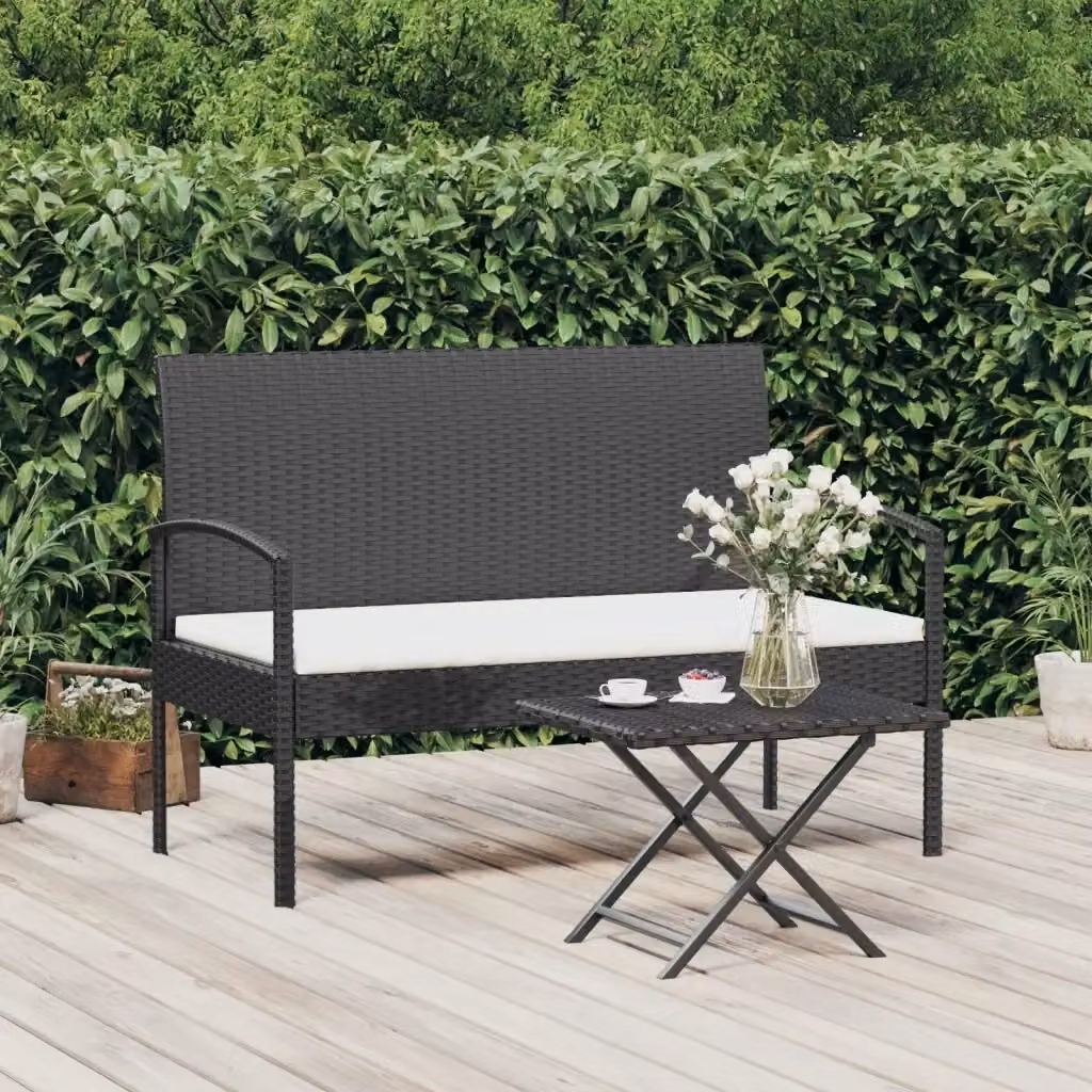 Panchina da giardino moderna in rattan e metallo con cuscini neri e bianchi L: 105 cm – 2