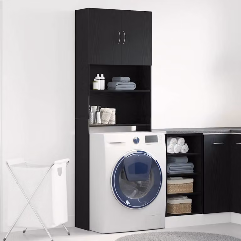 Mobile Lavatrice vidaXL in Legno Rovere e Nero con Ripiani e Ante a Battente L: 64 cm, P: 24 cm, H: 190 cm