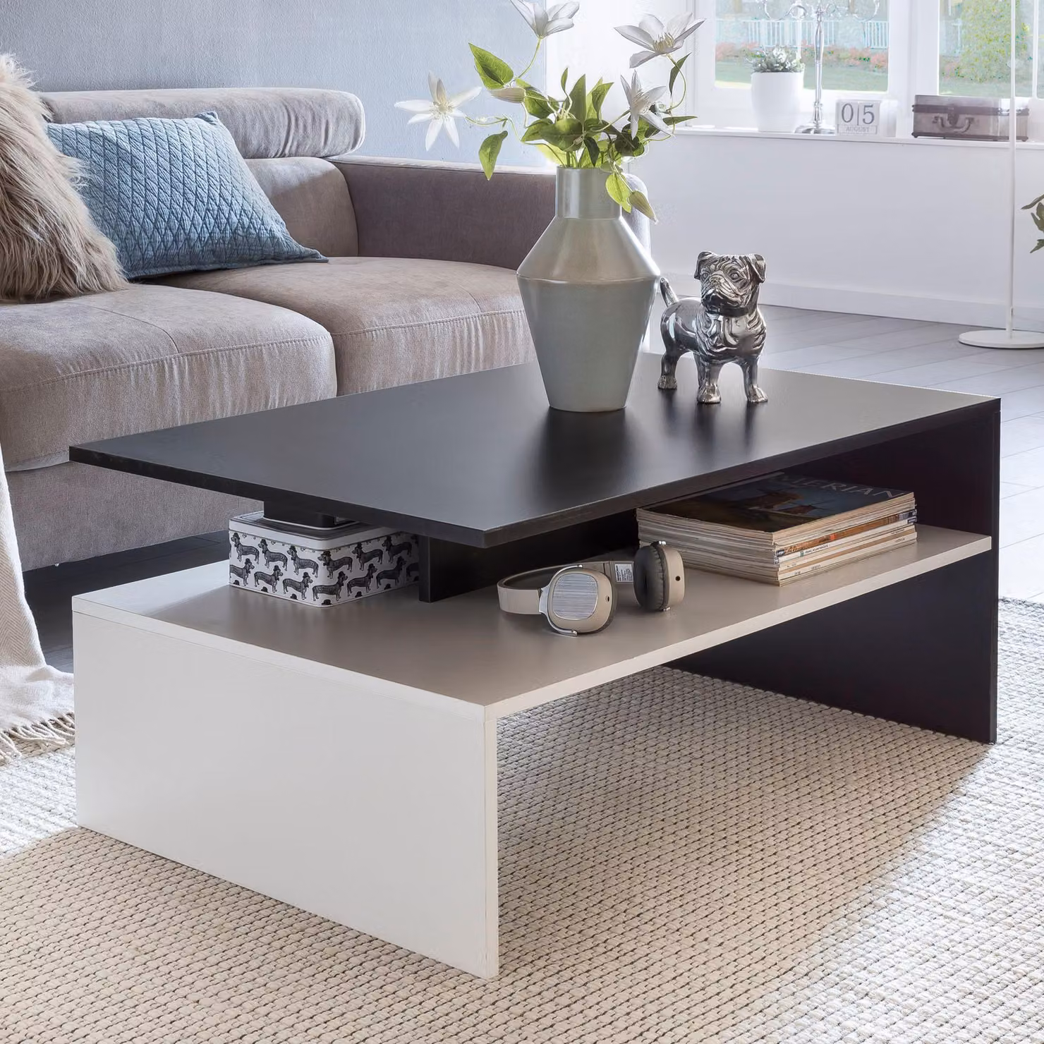 Tavolino da salotto FineBuy 90 x 43 x 60 cm con ripiano, in legno, nero/bianco; tavolino da salotto a due elementi con vano portaoggetti; tavolino da divano angolare