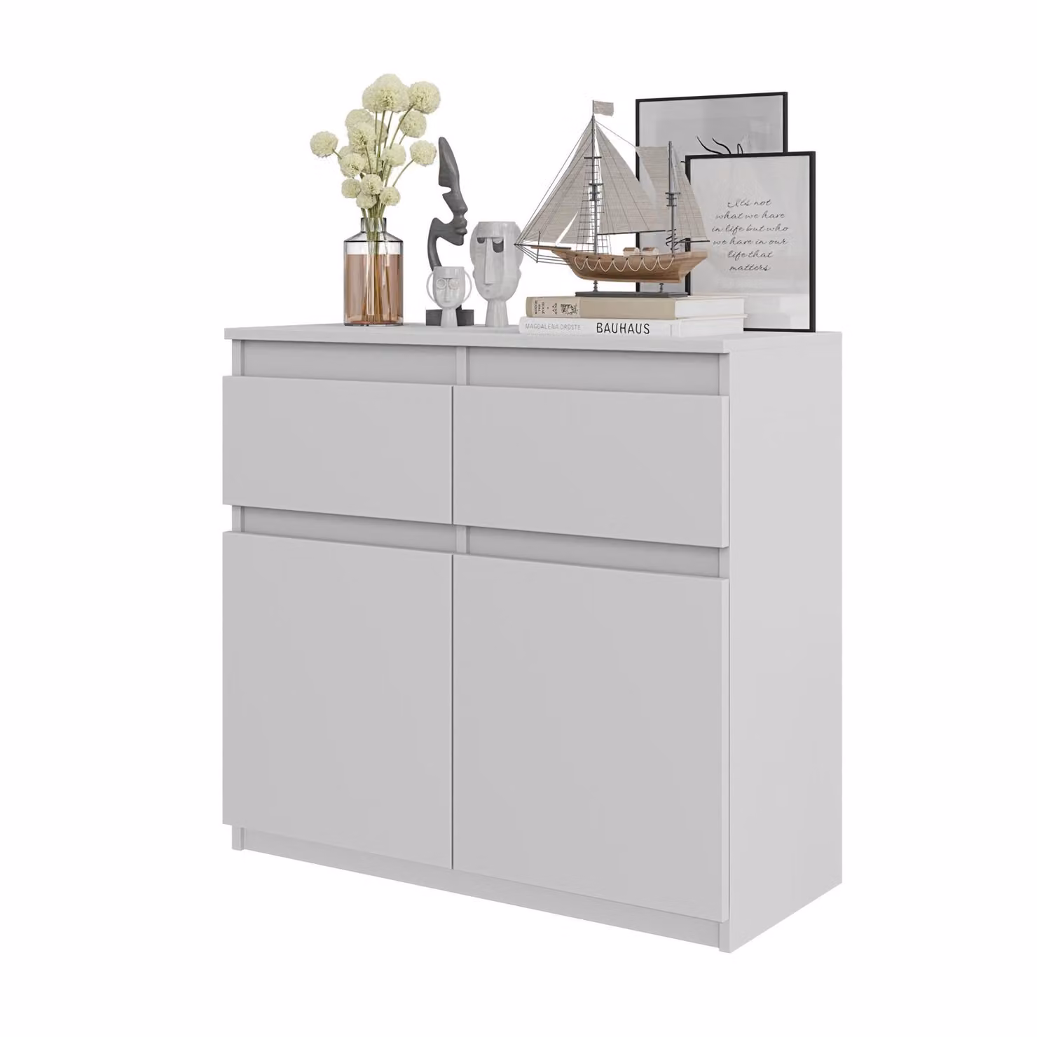 Comodà da 80 cm, bianco opaco, 2 cassetti, 2 ante, 2 ripiani, soggiorno