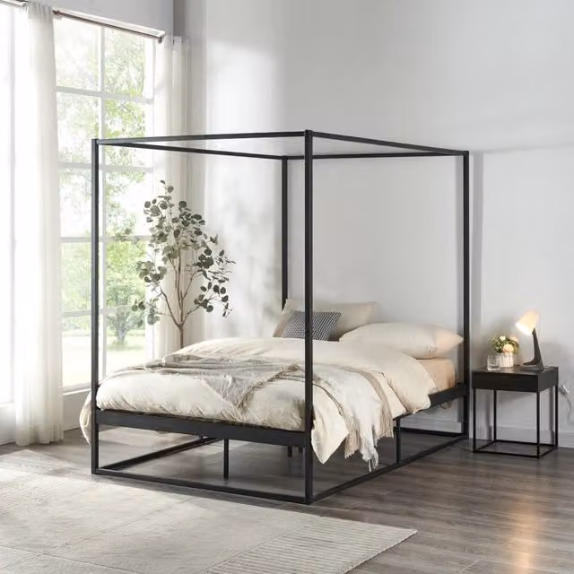 Letto a Baldacchino Kristianstad en.casa in Metallo Nero L/P/H: 120 x 200 x 206 cm – 1