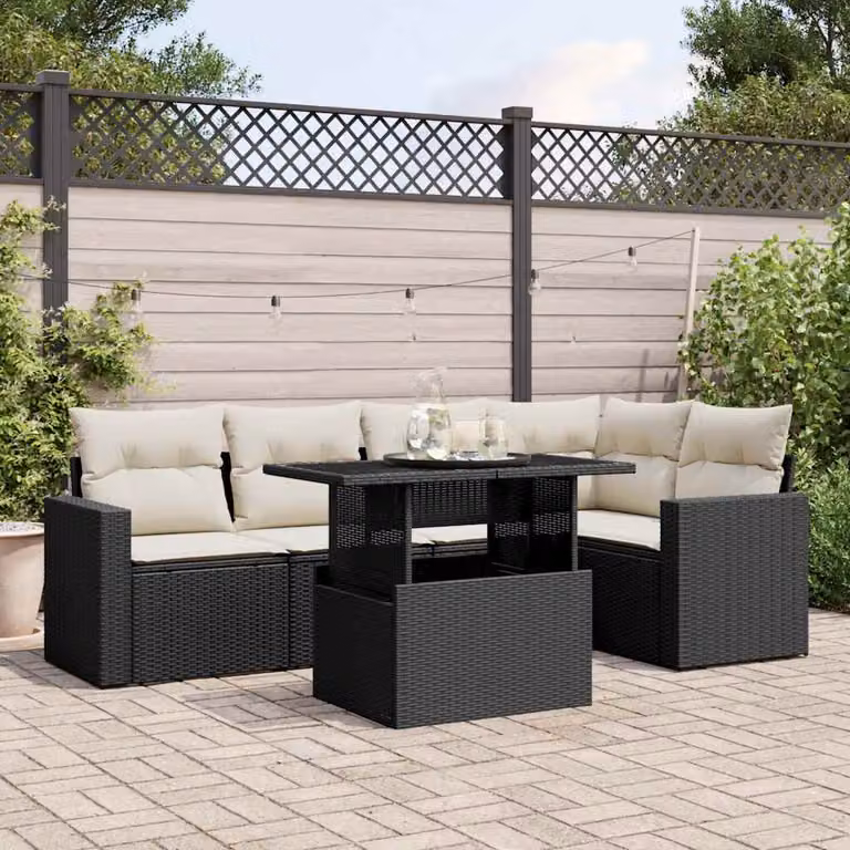 Set Divano da Giardino vidaXL 6 pz a L con Cuscini Nero e Tavolino in Vetro