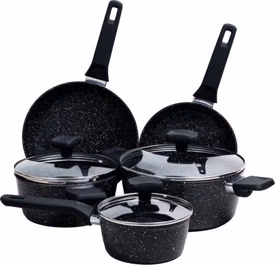 Set di pentole con rivestimento antiscivolo, alluminio con trattamento di titanio, 3 pentole con 3 coperchi in vetro resistente e 2 padelle, inclusa cottura in induction 8-delizioso