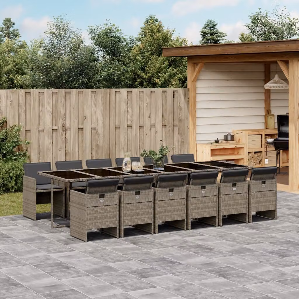 Set da pranzo da giardino vidaXL in polyrattan grigio con cuscini blu e tavolo in vetro per 13 persone