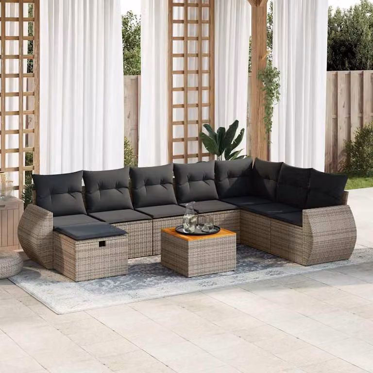 Set Divano da Giardino vidaXL 9 pz in Polyrattan Grigio con Cuscini e Tavolino