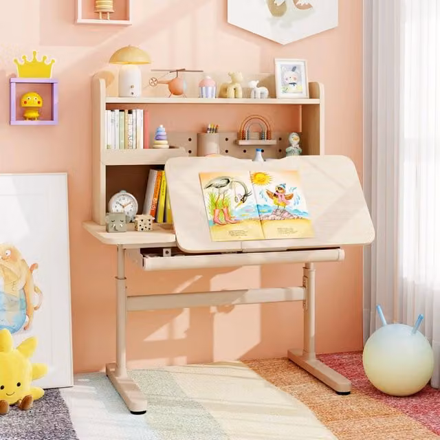 Tavolo da studio regolabile in altezza con piano inclinabile mensole, Scrivania per bambini con libreria e cassetto Naturale