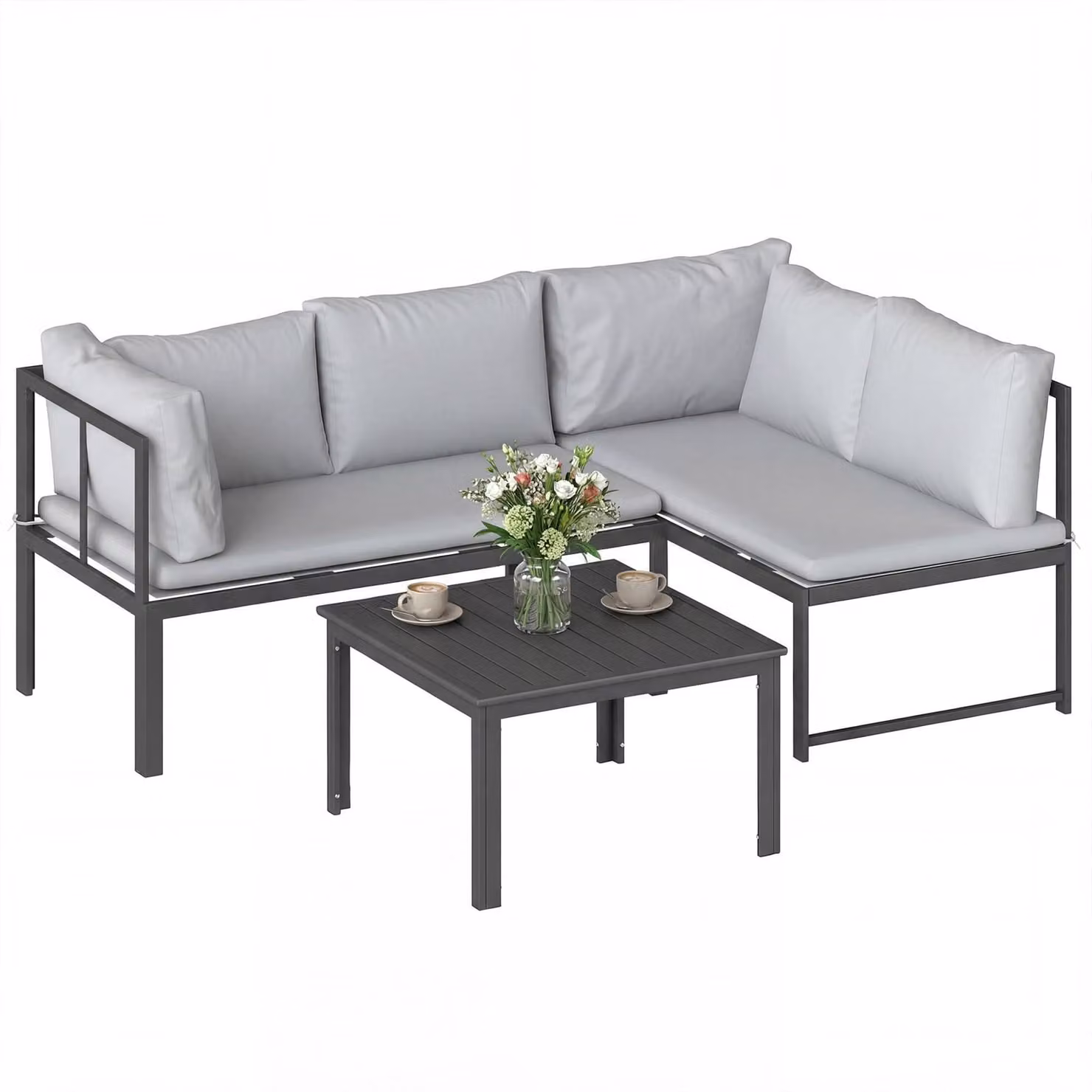 Set da giardino composto da 3 elementi - Grigio - Modulare - 4 posti - Metallo e poliestere