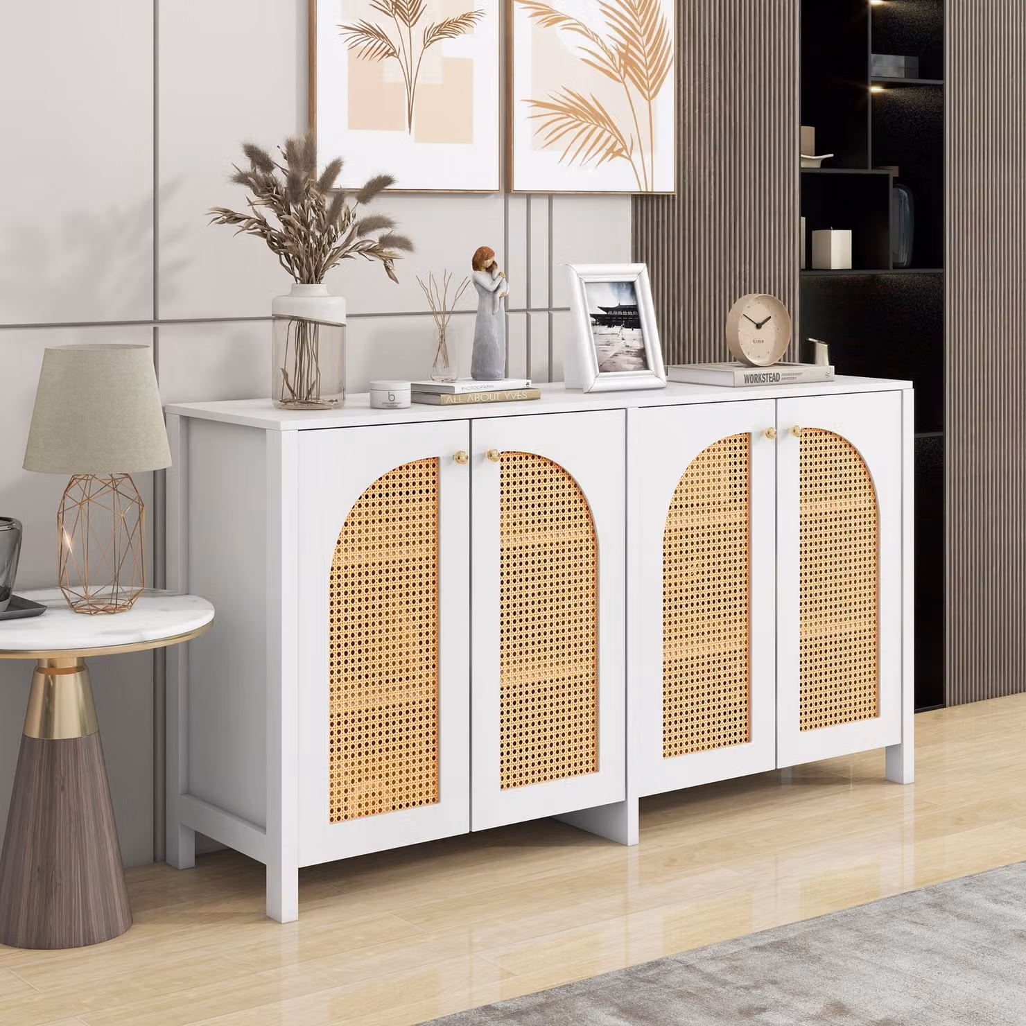 MODFU Cassettiera a 4 ante in rattan, credenza con maniglie in metallo, mobile da soggiorno, mobile buffet 145×80×40 cm, bianco