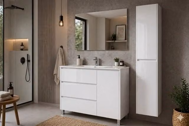 Mobile Bagno VOLUM Già Montato 3 cassetti e porta, lavabo e specchio Bianco lucido 100x40 cm con colonna