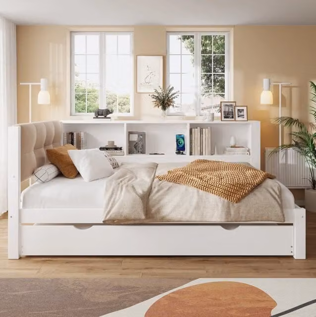 Letto da giorno 90x200 cm bianco con letto estraibile, LED, USB e ripiani