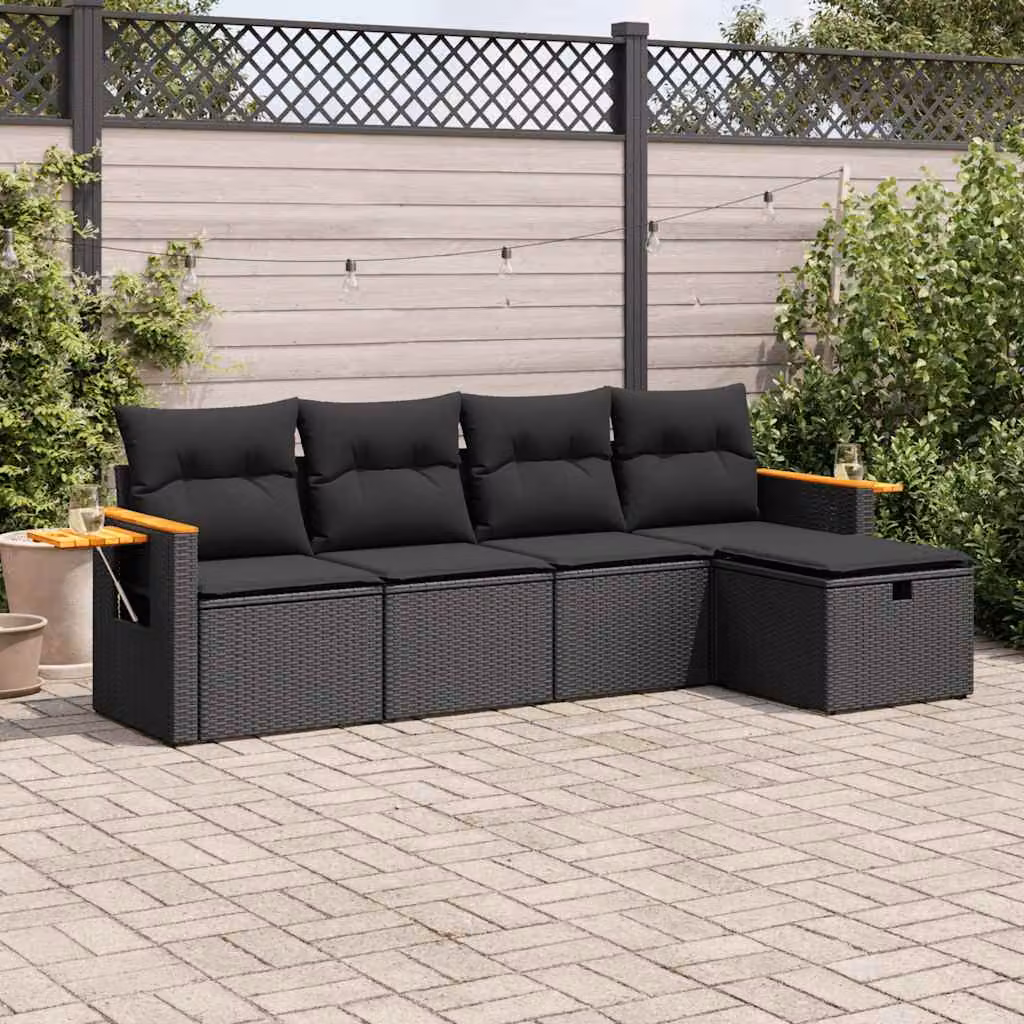 Set Divani da Giardino vidaXL 5 pz in Polyrattan Nero con Cuscini e Ottoman