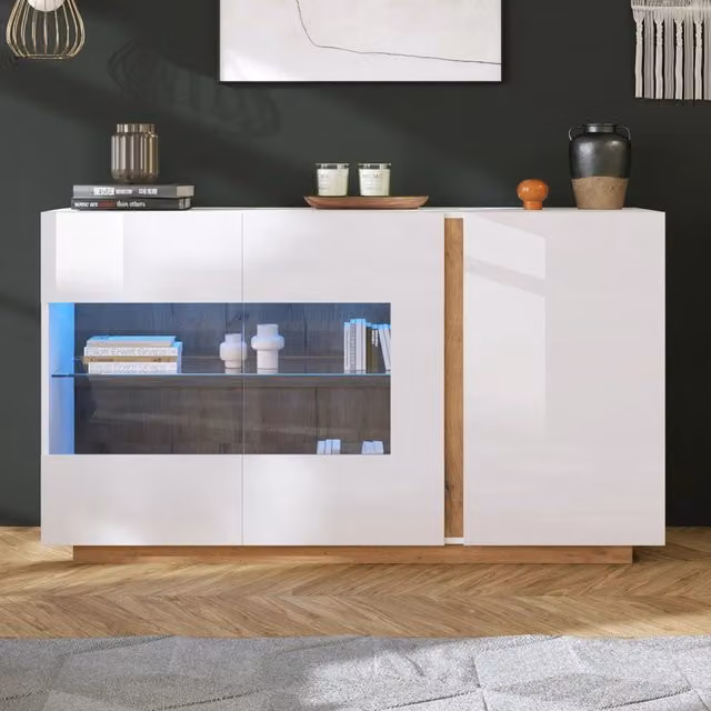 Sideboard bianco lucido in truciolato e vetro, base in legno, 138x38x90,5 cm