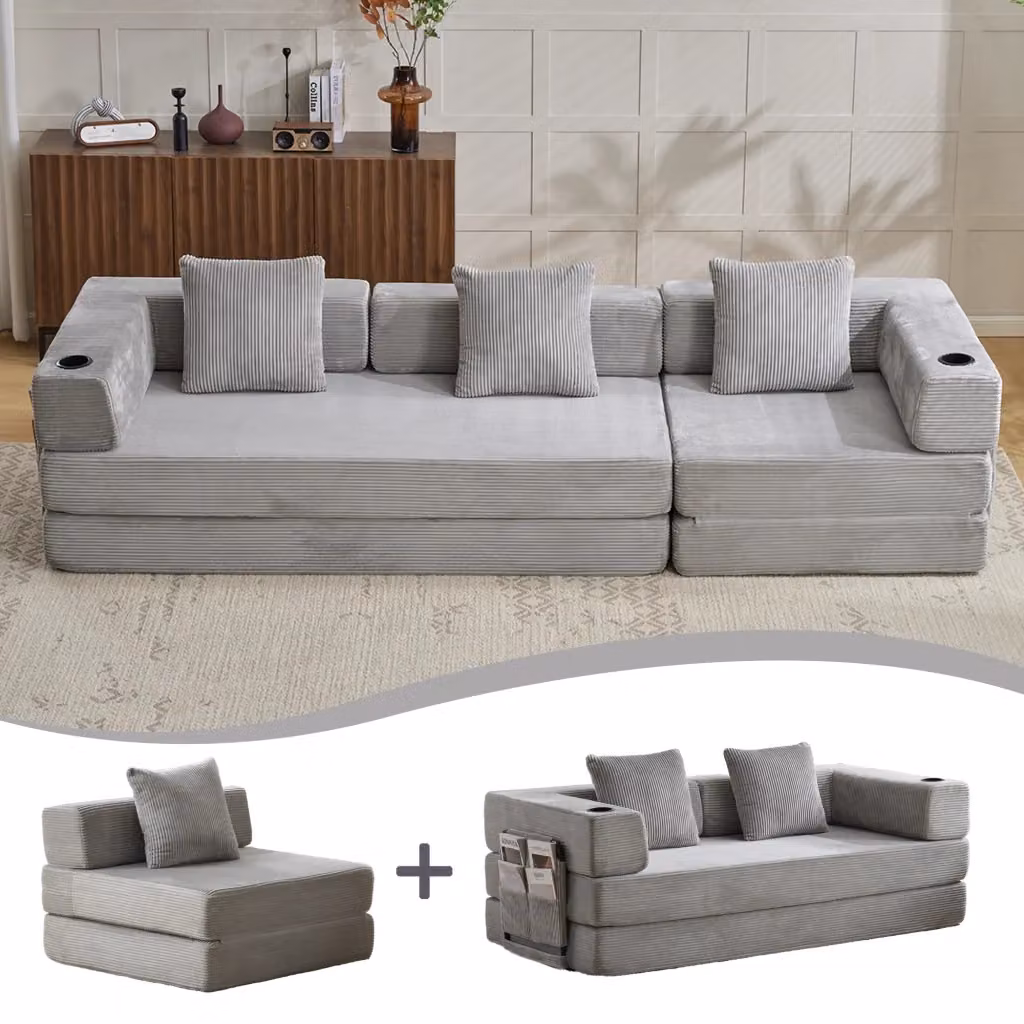 Divano letto moderno Mivray in velluto a coste grigio per soggiorno – 2
