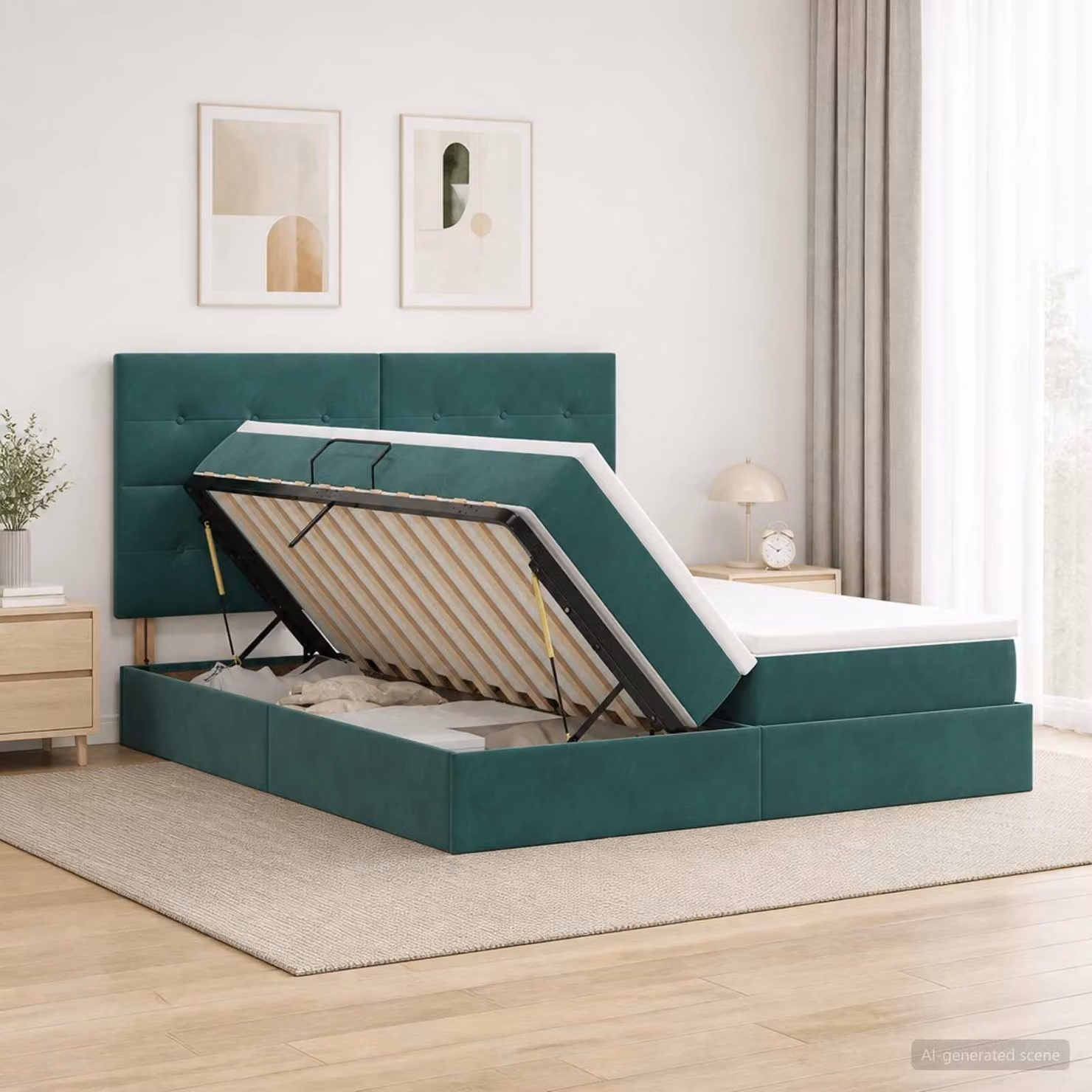 Letto con contenitore vidaXL in velluto verde con base a sollevamento, L/P/H: 200 x 200 x 140 cm