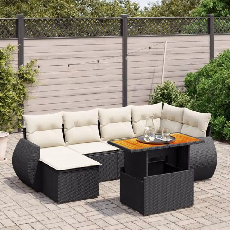 vidaXL Set Divani da Giardino a L con Cuscini 7pz in Polyrattan Nero e Legno di Acacia