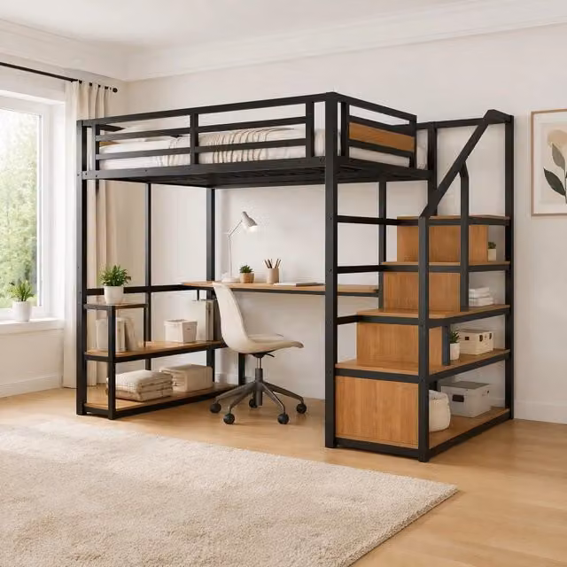 Letto a soppalco in metallo 140x200 cm con scaletta contenitore, scaffali e scrivania, design con sponda di sicurezza e struttura in ferro nera