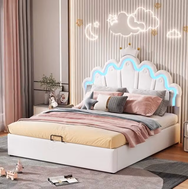Letto imbottito 140x200 cm con contenitore idraulico e LED regolabili; PU bianco