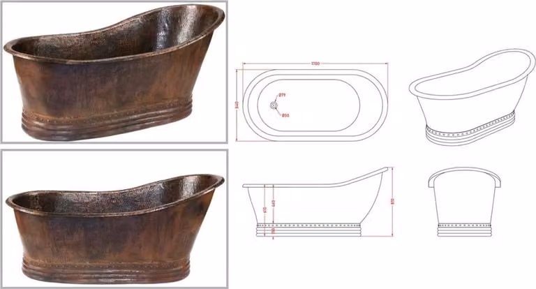 Casa Padrino Luxury Art Nouveau copper bathtub 170 x 84 x H. 81 cm - Freestanding retro bathub - Rustic bathroom furniture