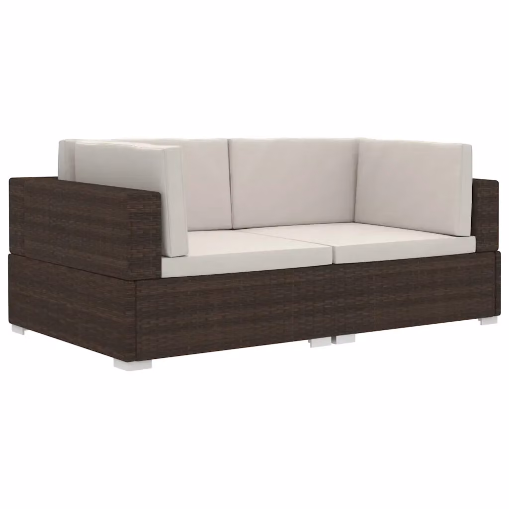 Set di 2 Poltrone Modulari ad Angolo in Polyrattan Marrone con Cuscini Bianchi per Giardino – 2