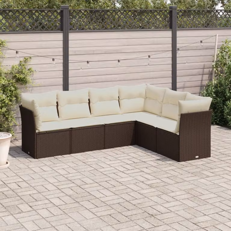vidaXL Set Divano da Giardino 6 pz a L con Cuscini Marrone e Bianco in Polyrattan e Metallo
