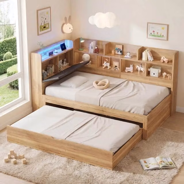Letto per bambini 90x200 cm con letto estraibile; LED; USB e vani; colore naturale