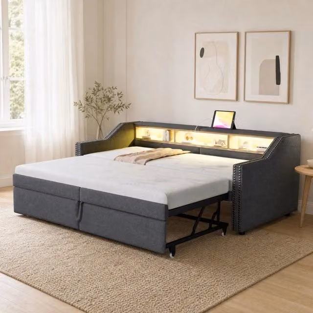 Letto da giorno imbottito estraibile ULEVR 90/180x200 cm con LED, porta USB e 3 vani laterali, grigio scuro