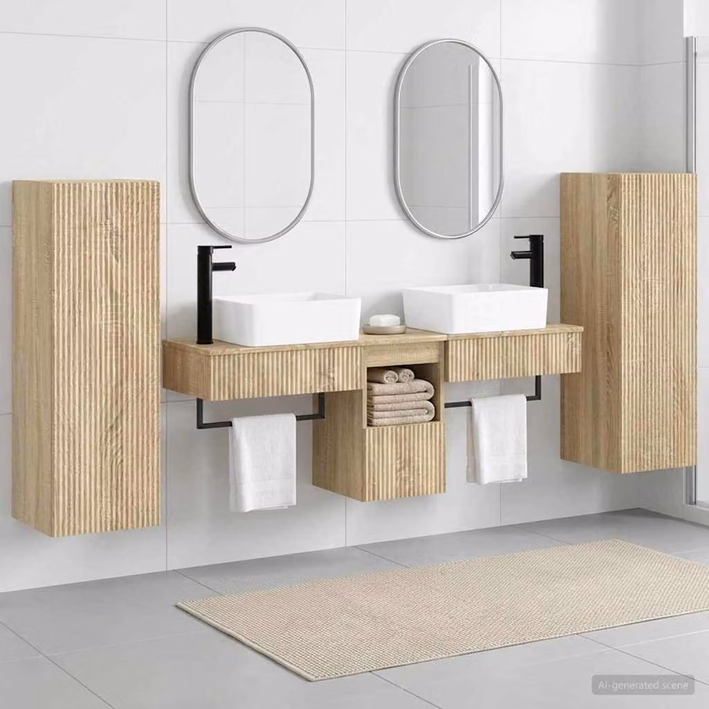 Set di mobili per il bagno moderno vidaXL in 5 pezzi color rovere marrone con vanità, pensili e armadietti a parete