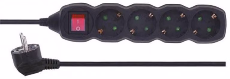 Presa EMOS a 4 vie con interruttore, 3 m di cavo 1,5 mm, nero, prese ruotate di 45°, Schuko con protezione tattile avanzata, per uso interno, PC1423R