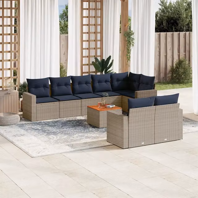 Set Divani da Giardino 9 pz con Cuscini Grigio in Polyrattan 3256544