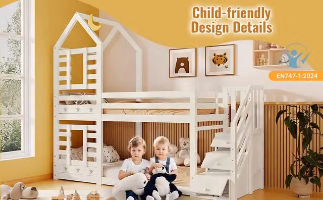 Letto a castello casa sull'albero 90x200 cm in legno con cassetti, scala contenitore, certificato EN747-1:2024 - Bianco