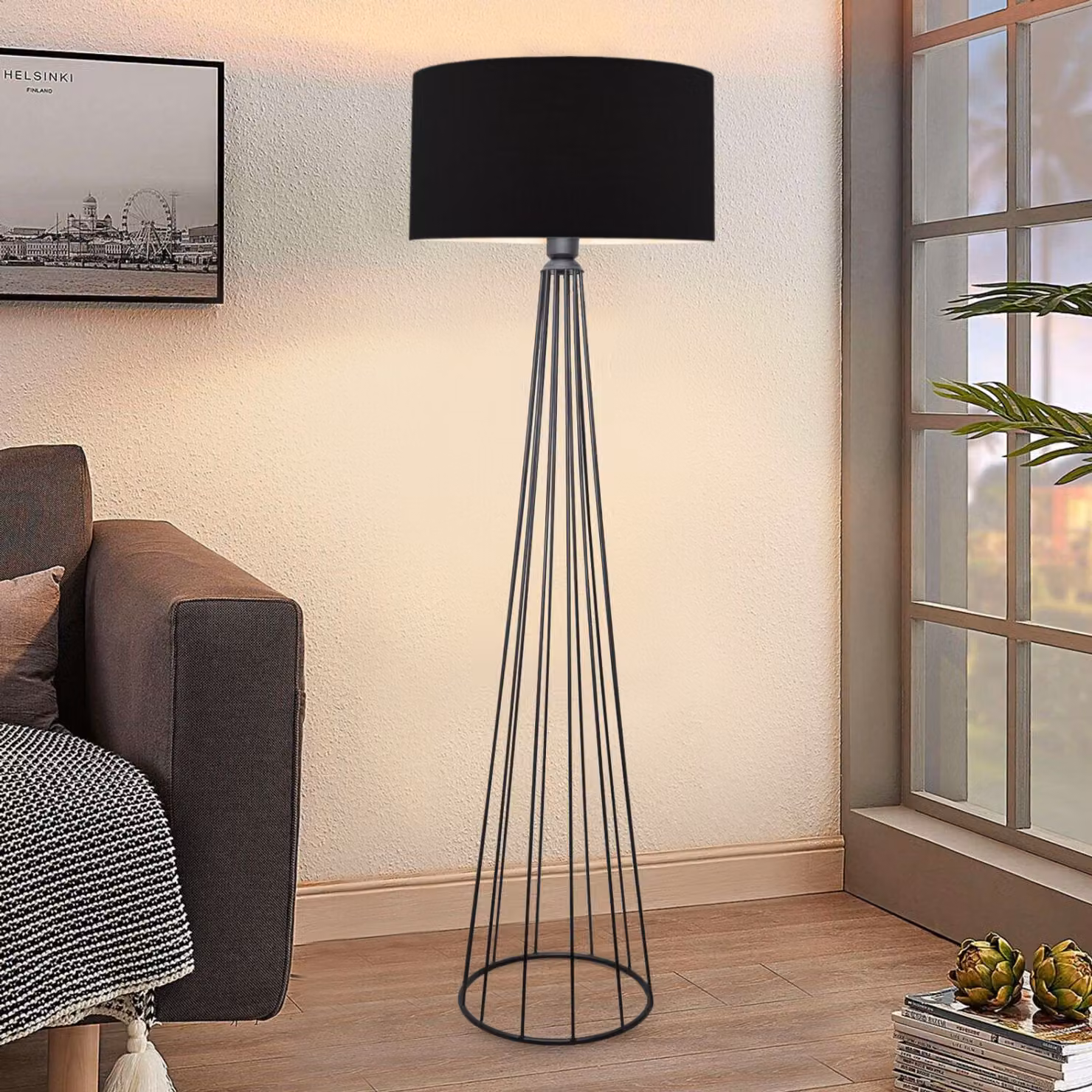 Opviq, lampada da terra di alta qualità interamente in metallo, nera, altezza 155 cm | Paralume in tessuto 21 x 38 cm, attacco E27 max. 40 W | Design moderno e industriale adatto a qualsiasi ambiente.