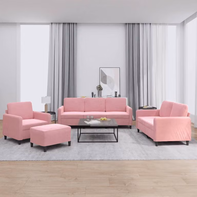 Set di divani vidaXL 4 pezzi in velluto rosa con pouf e cuscini per soggiorno in stile moderno