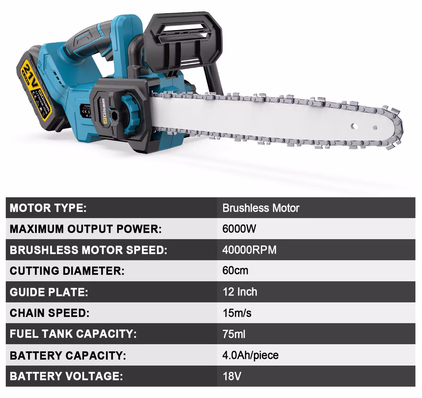 Troncatrice elettrica da 12 pollici - Batteria da 18V - Potenza di 6000W