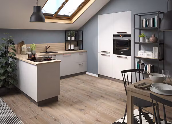 Blocco cucina a L "Bonn" 270x170cm completamente allungabile fronte lava bianco opaco